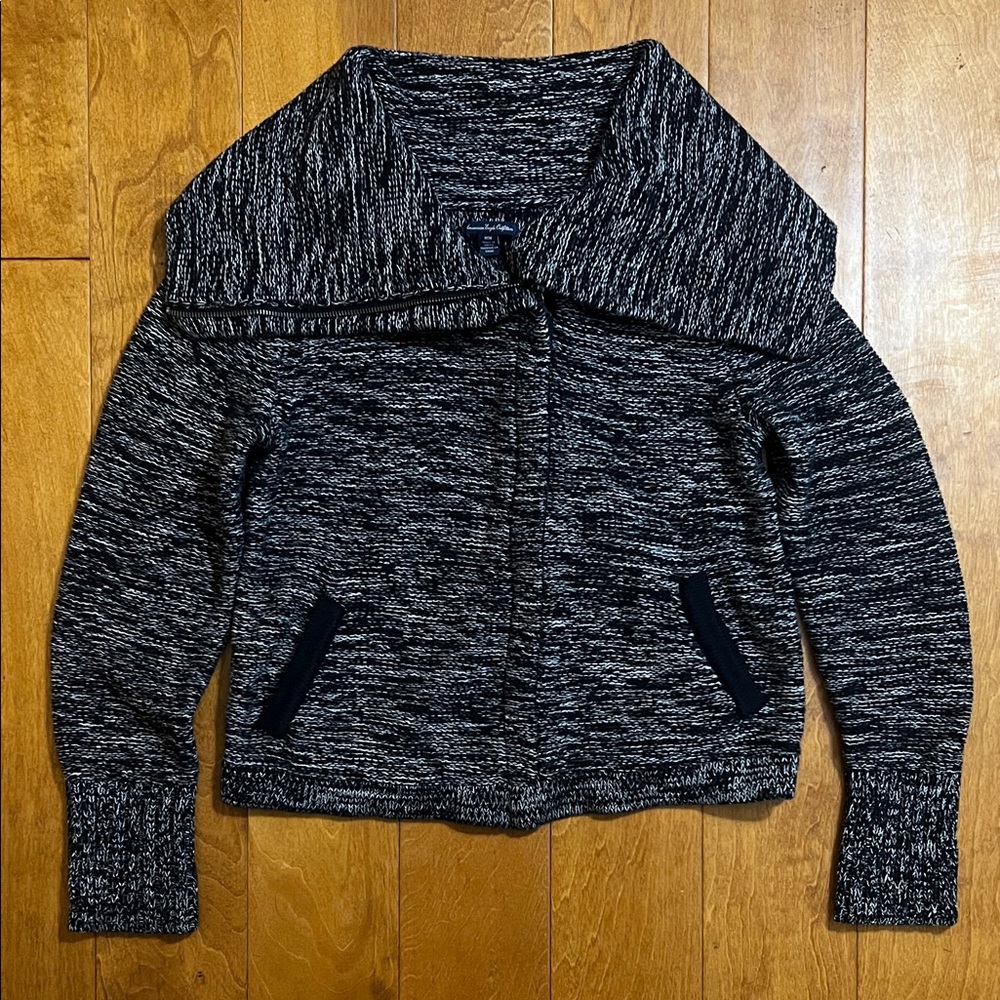 Vintage American Eagle Y2K Mock Neck Navy Cardigan Size M Black Retro Full Zip